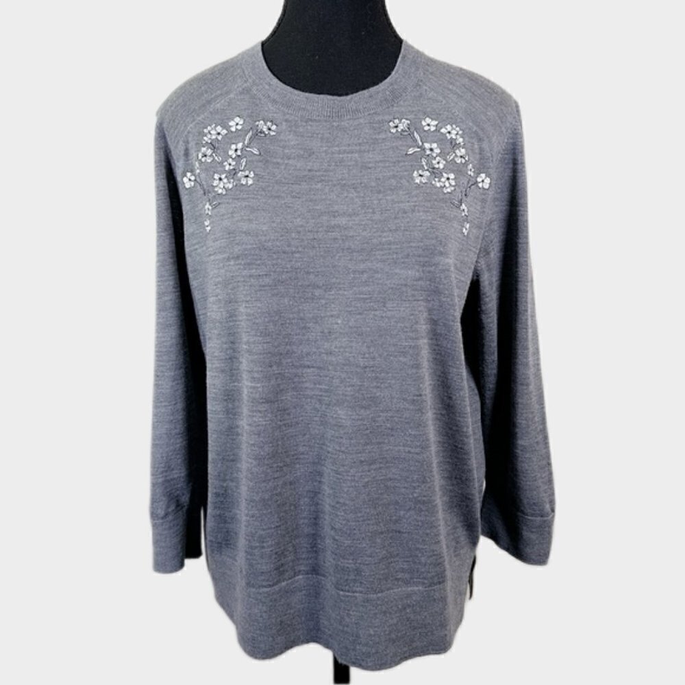 Banana Republic Merino Wool Floral Embroidered Gray Sweater